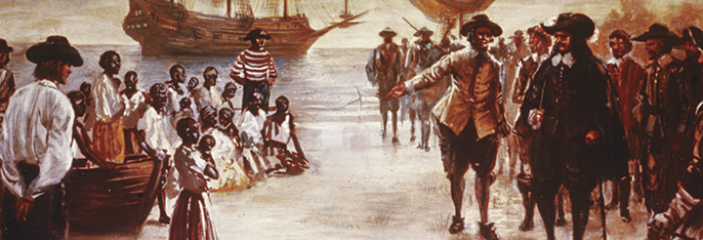 Engraving showing the arrival of a Dutch slave ship with a group of African slaves for sale, Jamestown, Virginia, 1619