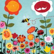An illustration of "smiling" flowers and bugs. 