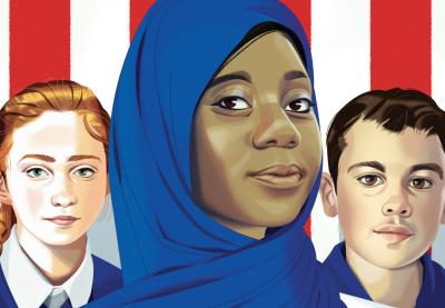 Teaching Tolerance illustration of three multicultural students in front of US flag
