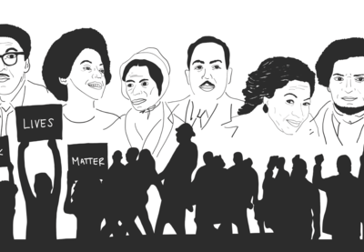 Illustration featuring the likenesses of Bayard Rustin, Angela Davis, Sojourner Truth, Langston Hughes, Toni Morrison, Frederick Douglass and silhouettes of protesters and activists.