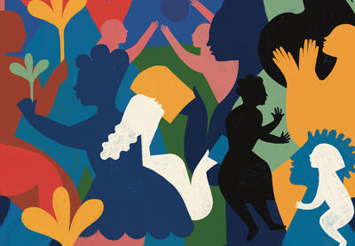 Colorful and stylized silhouettes of people.
